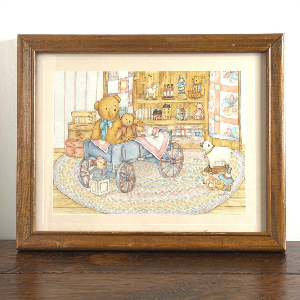 “Teddies in the Wagon” Framed Print by Debi Hron 11"x9" Vintage